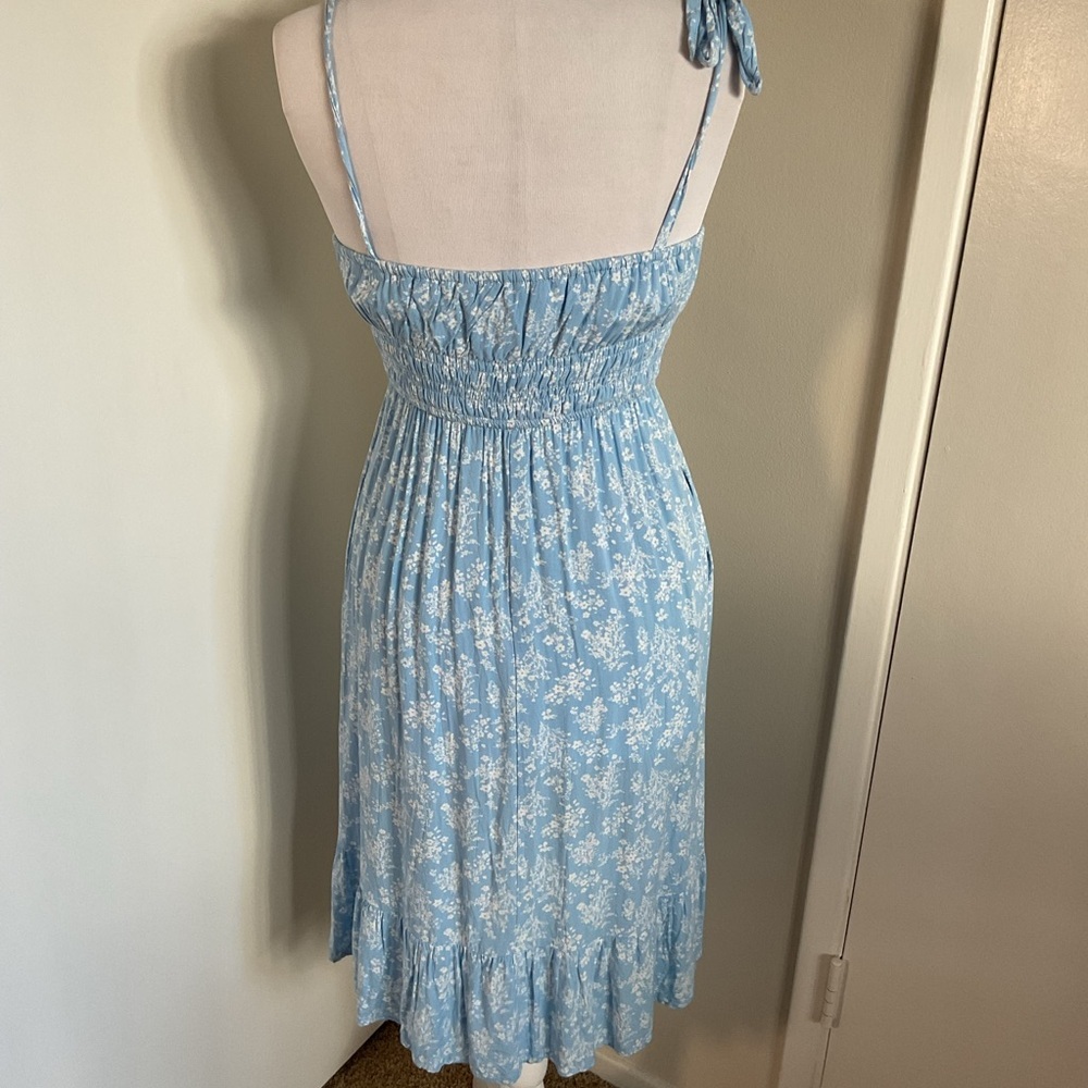 Light Blue Floral Midi Dress Small A-Line Summer Cottagecore Tie Strap Plaid - Picture 5 of 5